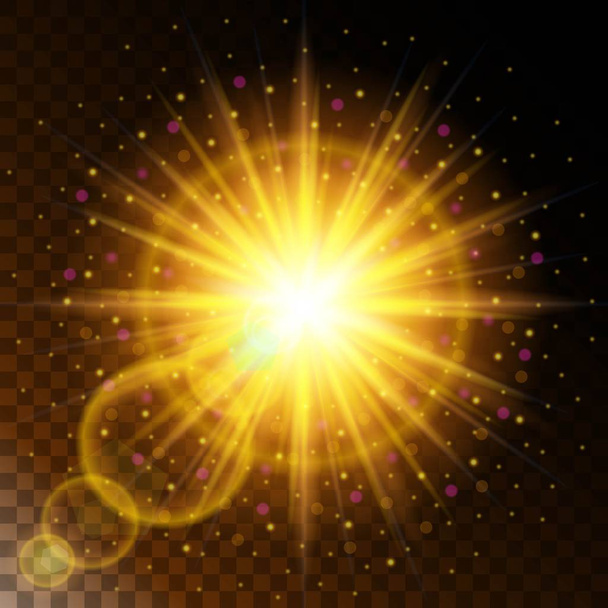 Conjunto de estrellas de efecto de luz brillante, la luz del sol cálido brillo amarillo con destellos sobre un fondo transparente. Ilustración vectorial
 - Vector, imagen