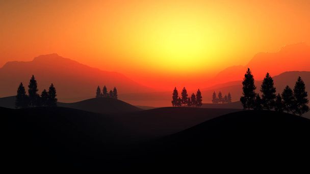 ilustracja 3D piękna atmosfera z góry wzgórz i drzew - Zdjęcie, obraz