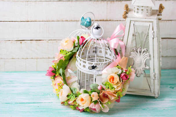flower wreath and decorative lantern - Fotografie, Obrázek