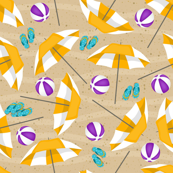 Beach seamless background. Umbrellas, balls and slippers. Pattern. - ベクター画像