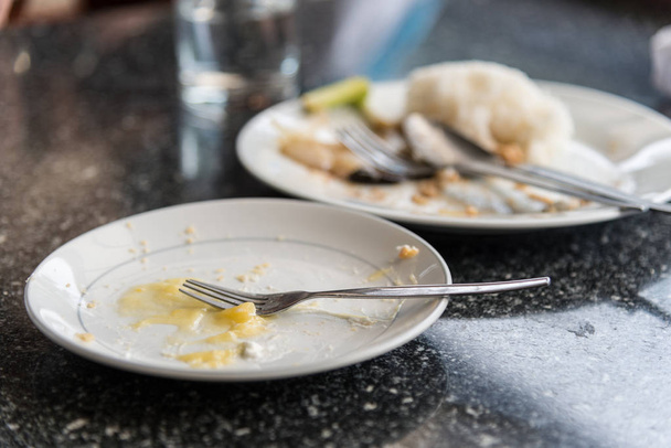 Πιάτο με ψίχουλα τροφίμων, παραμένοντας, Ταϊλανδικά τρόφιμα, επιλεκτική εστίαση - Φωτογραφία, εικόνα