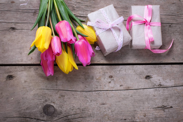bright yellow and pink spring tulips - Fotó, kép