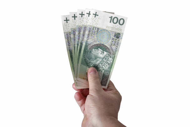 Mano sosteniendo pulido zloty facturas aisladas en blanco
 - Foto, imagen
