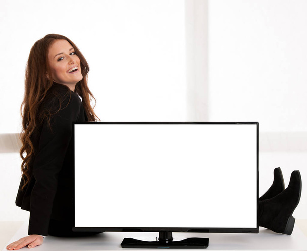 woman pointing to screen with copy space for advertisement - Foto, Imagem