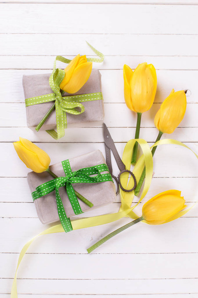 Boxes with presents,  flowers and scissors  - Photo, image