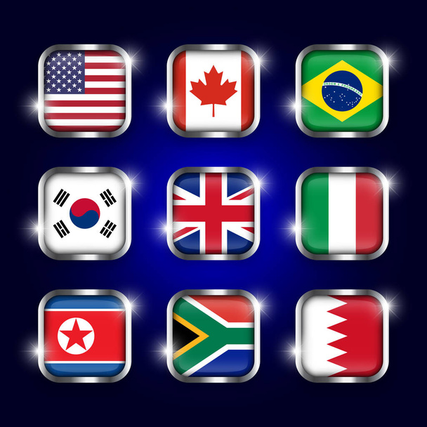 Set of world flags quadrangular glass buttons with steel border and twinkle ( USA . Canada . Brazil . South korea . United kingdom of great britain . Italy . North korea . South africa . Bahrain ) - Vektor, Bild