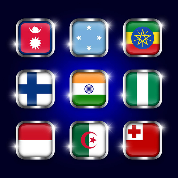 Set of world flags quadrangular glass buttons with steel border and twinkle ( Nepal . Micronesia . Ethiopia . Finland . India . Nigeria . Monaco . Algeria . Tonga ) - Вектор,изображение