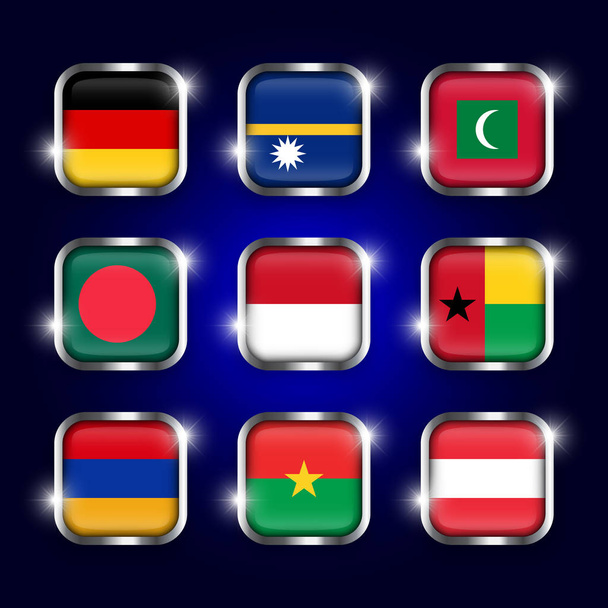 Set of world flags quadrangular glass buttons with steel border and twinkle ( Germany . Nauru . Maldives . Bangladesh . Indonesia . Guinea-Bissau . Armenia . Burkina Faso . Austria ) - Vektor, Bild