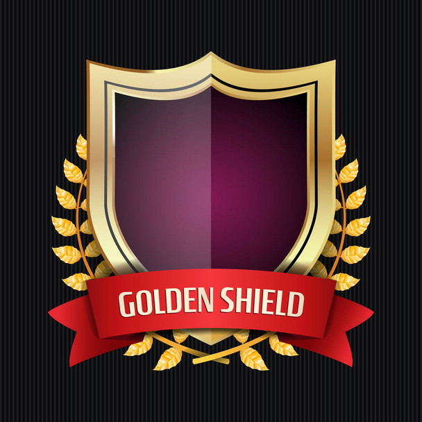 Golden Shield With Laurel Wreath And Red Ribbon. Vector Illustration - Vector, Image