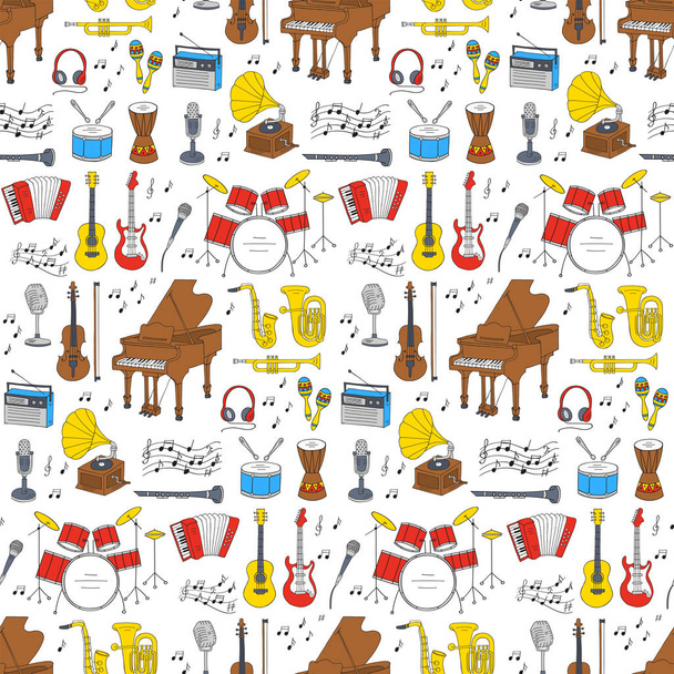 Musical instruments and symbols seamless background. - Vector, Image