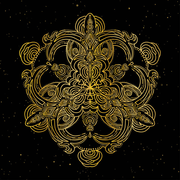 Mandala. Gold round ornament pattern on black background. - Vektor, obrázek