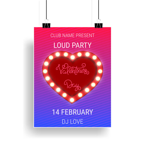 Dia dos Namorados modelo de cartaz de festa com coração brilhante e caligrafia
 - Vetor, Imagem
