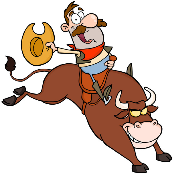Feliz vaquero montando toro en rodeo
 - Foto, Imagen