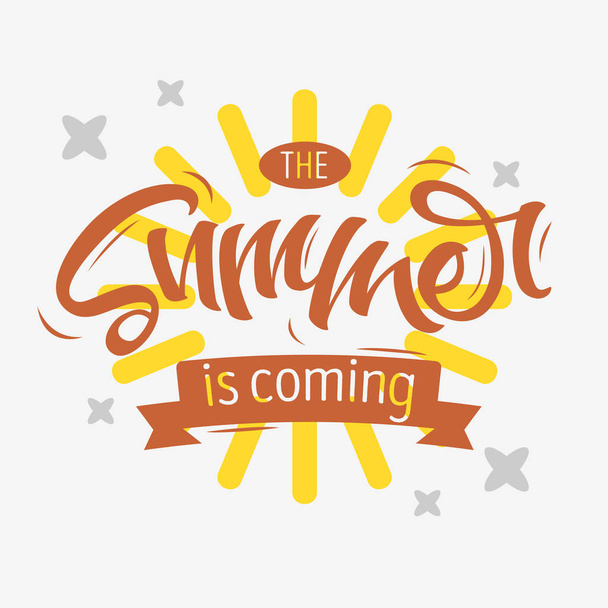 The Summer Is Coming Label Design Brush Script Lettering On A Wh - Vector, Image