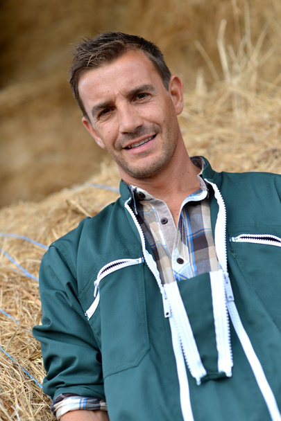 Portret van lachende landbouwer permanent door hooibergen - Foto, afbeelding