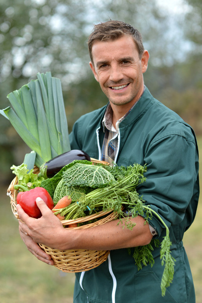Portrait of smiling farmer holding vegetables basket - Фото, зображення