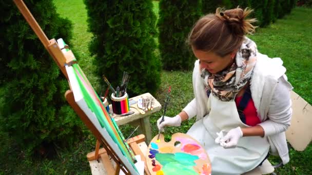 Femmes beau peintre gagne déjà relief peinture et mélanger les couleurs dans le parc en plein air en plein jour
. - Séquence, vidéo