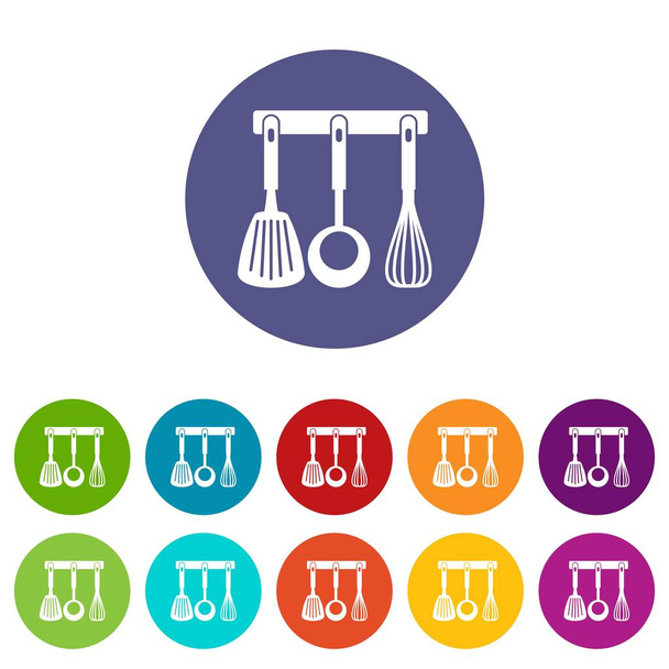 Spatula, ladle and whisk, kitchen tools set icons - Вектор, зображення