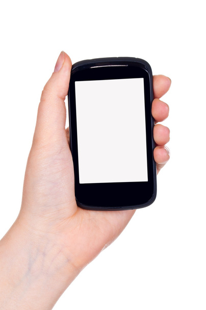 Nowoczesny telefon komórkowy w ręku kobieta na białym tle - Zdjęcie, obraz