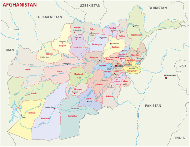 Afghanistan administrative and political vector map includes surrounding countries, in color with cities, district names and capitals - Vector, Image