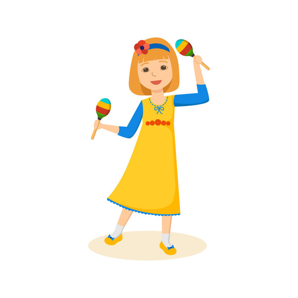 Girl in good festive mood playing the maracas. - Вектор, зображення