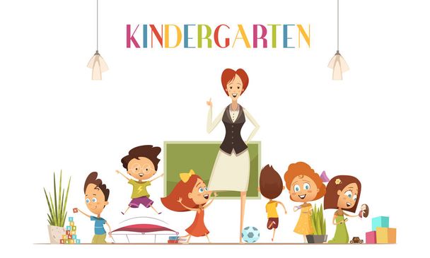 Maestro de jardín de infancia con niños ilustración de dibujos animados
 - Vector, Imagen