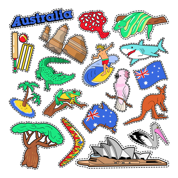 Ausztrália utazás elemek építészet és az állatok. Doodle vektor - Vektor, kép