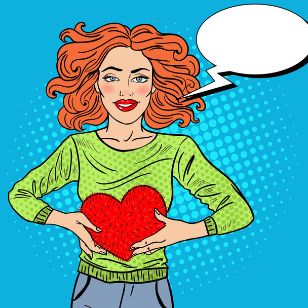 Pop Art Beautiful Woman in Love with Plush Heart. Vector illustration - Wektor, obraz