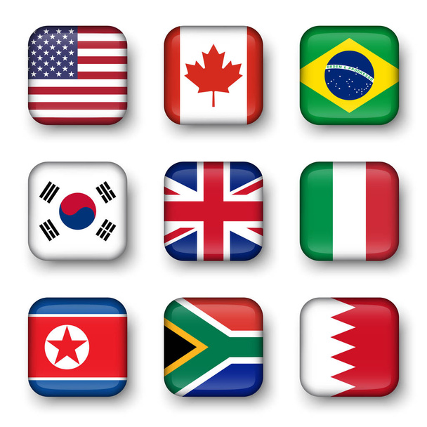 Set of world flags quadrangular badges ( USA . Canada . Brazil . South korea . United kingdom of great britain . Italy . North korea . South africa . Bahrain ) - Vecteur, image