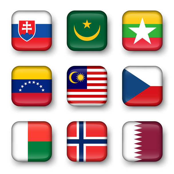 Set of world flags quadrangular badges ( Slovakia . Mauritania . Myanmar . Venezuela . Malaysia . Czech . Madagascar . Norway . Qatar ) - Vettoriali, immagini