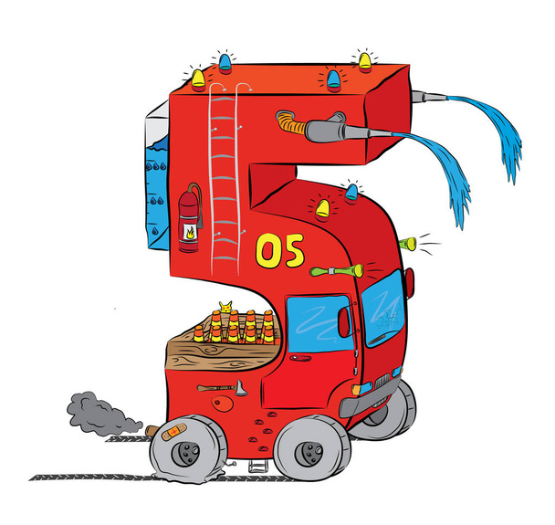 Number Five As Fire Truck On Emergency Mission - Vector, Image