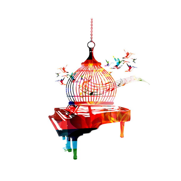 Kleurrijke piano met muziek notities en vogelkooi - Vector, afbeelding