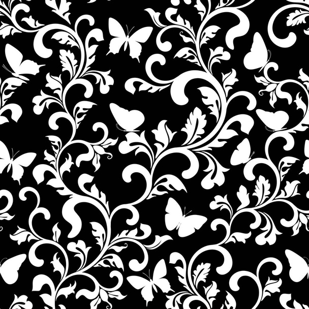 Seamless pattern with white tracery and butterflies on a black background - Вектор,изображение