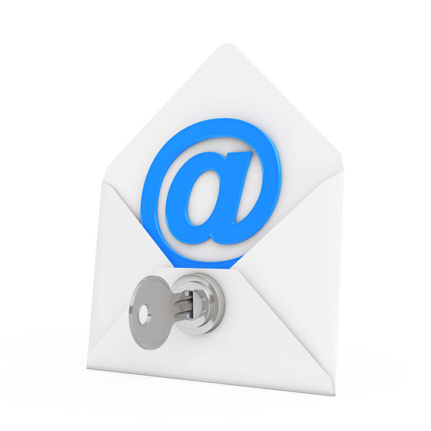 Veiligheidsconcept. E-teken in de envelop met de sleutel en toetsensperring.  - Foto, afbeelding