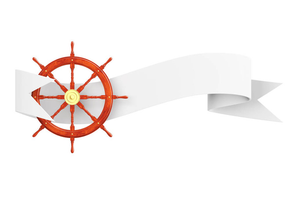 Schiffslenkrad mit Schleifenbanner. 3D-Darstellung - Foto, Bild