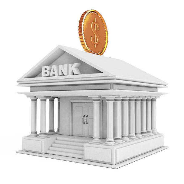 Edifício bancário com moeda de ouro como caixa de dinheiro. Renderização 3d
 - Foto, Imagem