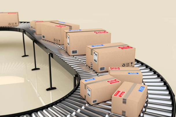 Parcels Transportation System Concept. Cardboard Boxes on Convey - Photo, Image