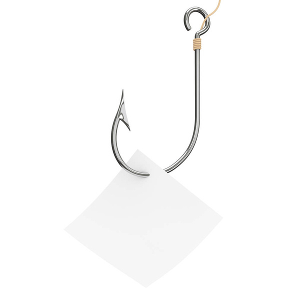 Рыболовный крюк из нержавеющей стали с чистым листом бумаги. 3D-рендеринг
 - Фото, изображение