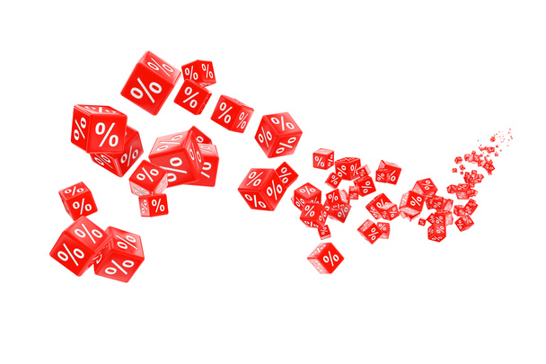 Vliegende rode percentage verkoop kubussen. 3D-rendering - Foto, afbeelding