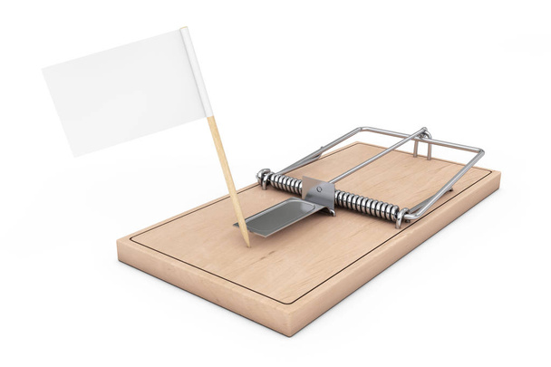 Trampa de ratón de madera con bandera en blanco para su signo. Renderizado 3d
 - Foto, Imagen