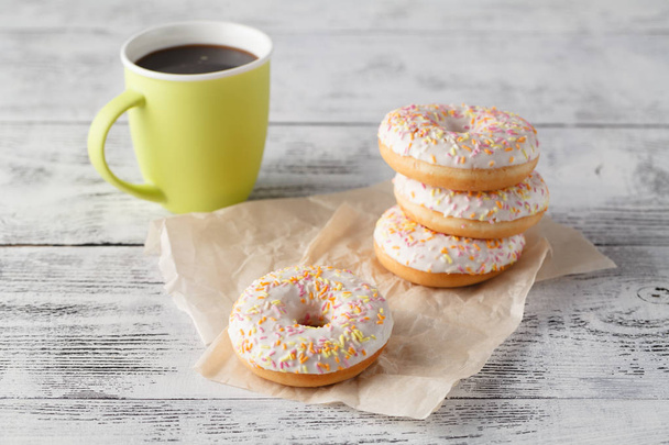 Breakfast with donuts and bug mug of coffee - Foto, Imagen