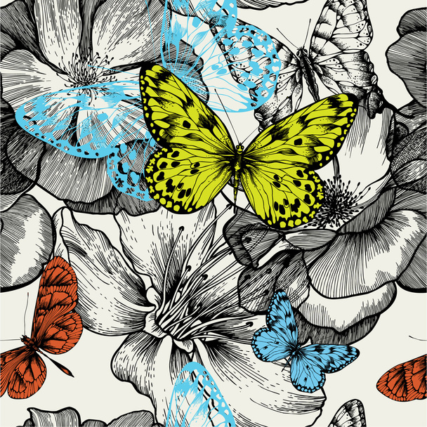 Seamless pattern with blooming roses and flying butterflies - Vector, Image