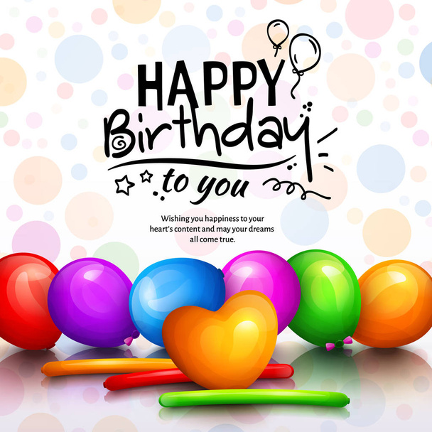 Happy birthday greeting card. Party multicolored balloons and stylish lettering on dotted background. Vector. - Vector, Image