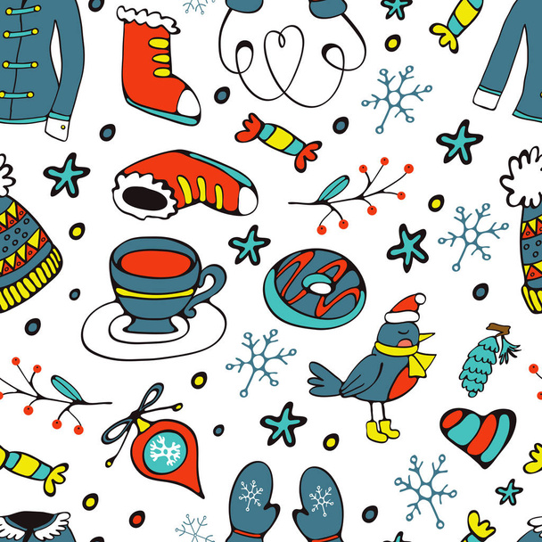Colorful seamless pattern with winter related hand drawn elements - Vector, Image
