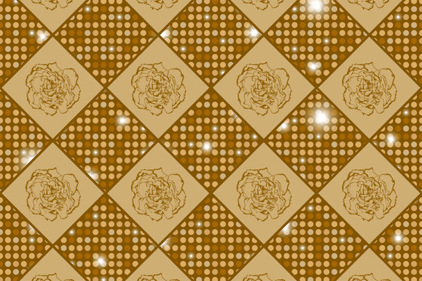 Złotych bez szwu szachy w stylu vintage tekstury z ząbek, kwiaty i błyszczący rundy. Ilustracja wektorowa - Wektor, obraz