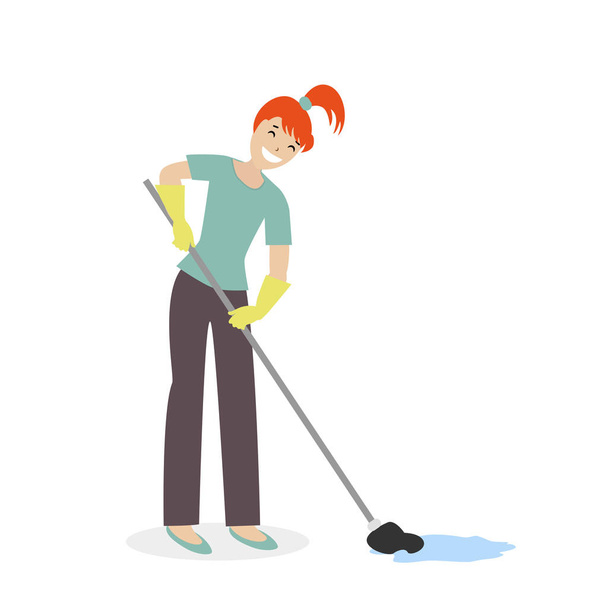 Temizlikçi kadın veya paspas zemin yıkama bir ev hanımı. Evi temizliyorum. Beyaz arka plan üzerinde izole karikatür tarzı resimde. Vektör, düz Eps10. - Vektör, Görsel