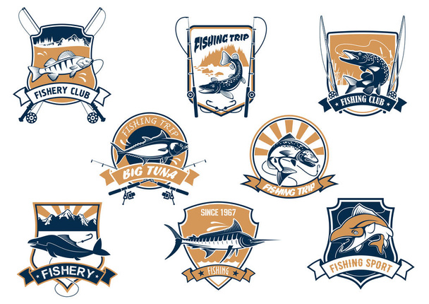 Sea and river fish and rods isolated icons - Vektor, Bild