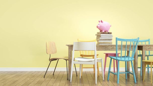 Piggy bank sits on a table with several chairs. - Photo, image