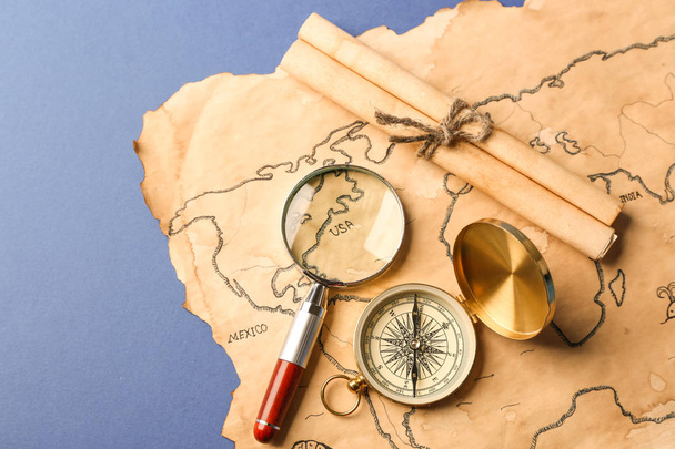 Compass, scroll, magnifier and old map - Fotoğraf, Görsel