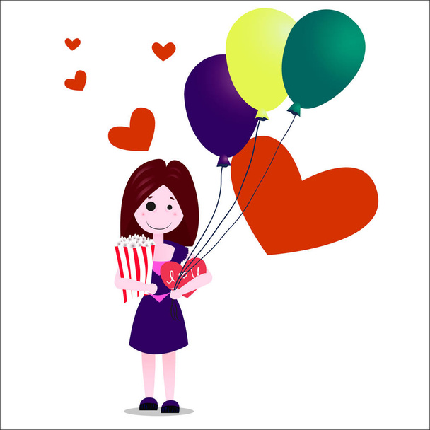 Platte ontwerp vectorillustratie van gelukkig meisje of jonge vrouw in een paarse jurk onwhite achtergrond met heartscard en baloons - Vector, afbeelding